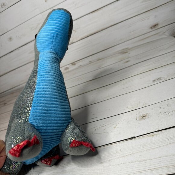 Metallic Sparkly Brontosaurus Dinosaur Plush Toy With Blue Belly & Red Spikes - Picture 7 of 8